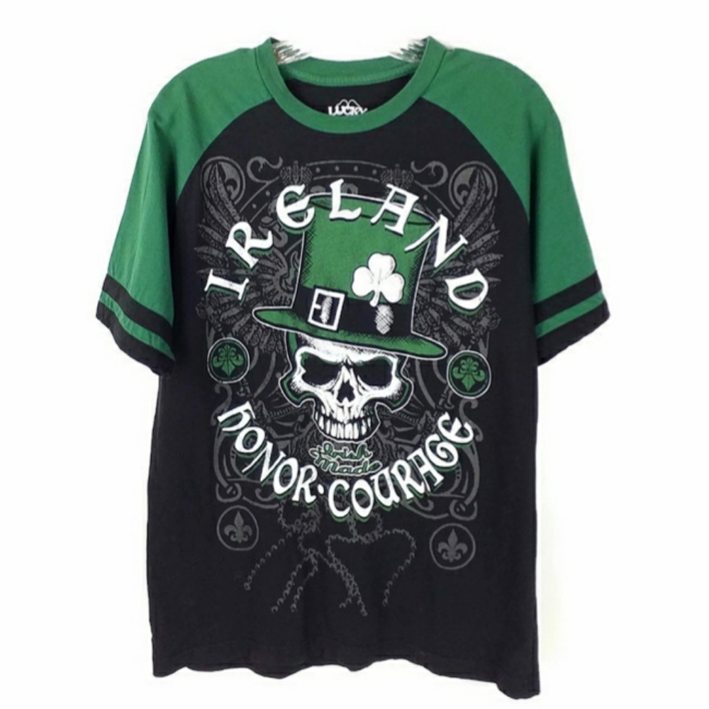 Lucky Tee Shirt Green Short Ringer Sleeve Skull Graphic T-Shirt Adult Size M